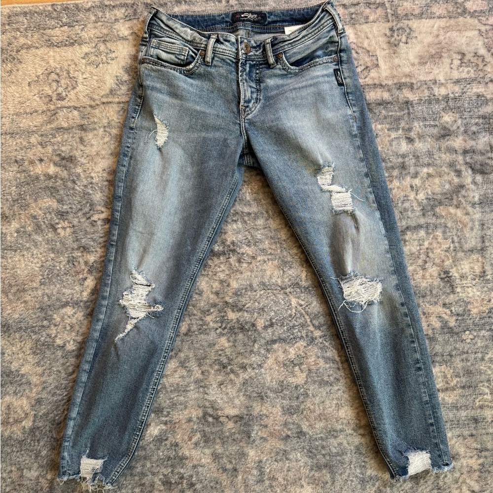 Silver Jeans Distressed Light Blue Skinny Jeans